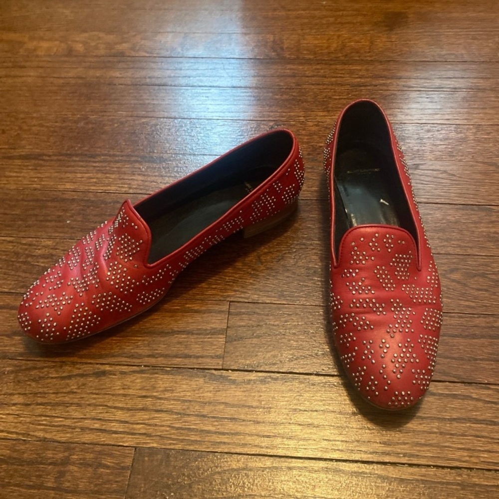 Red studded Saint Laurent loafers